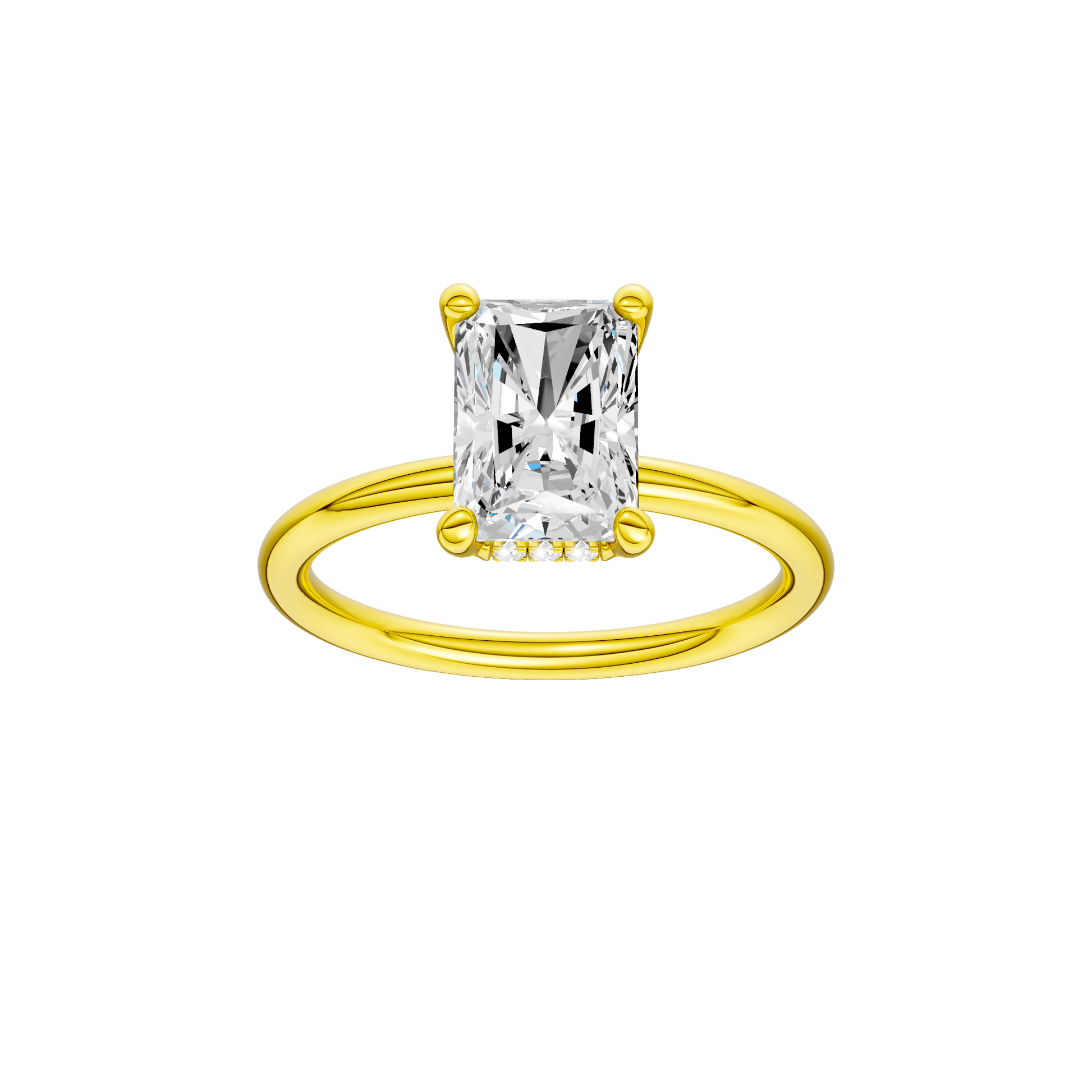 Radiant-cut diamond engagement ring with a plain band and hidden-halo setting.