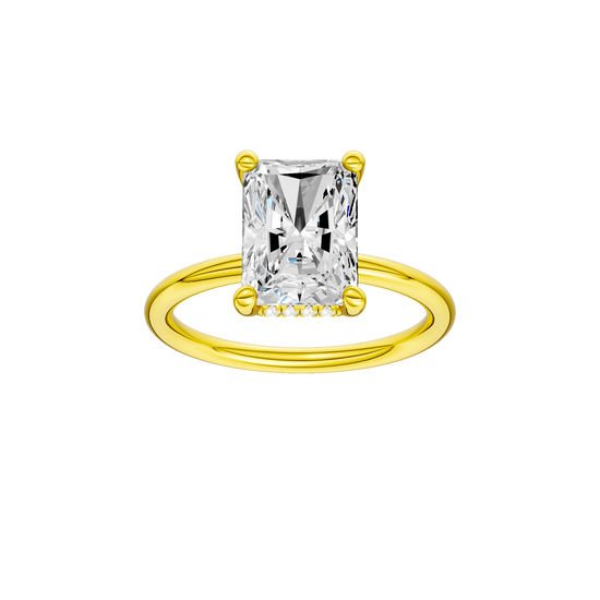 Radiant-cut diamond engagement ring with a plain band and hidden-halo setting.
