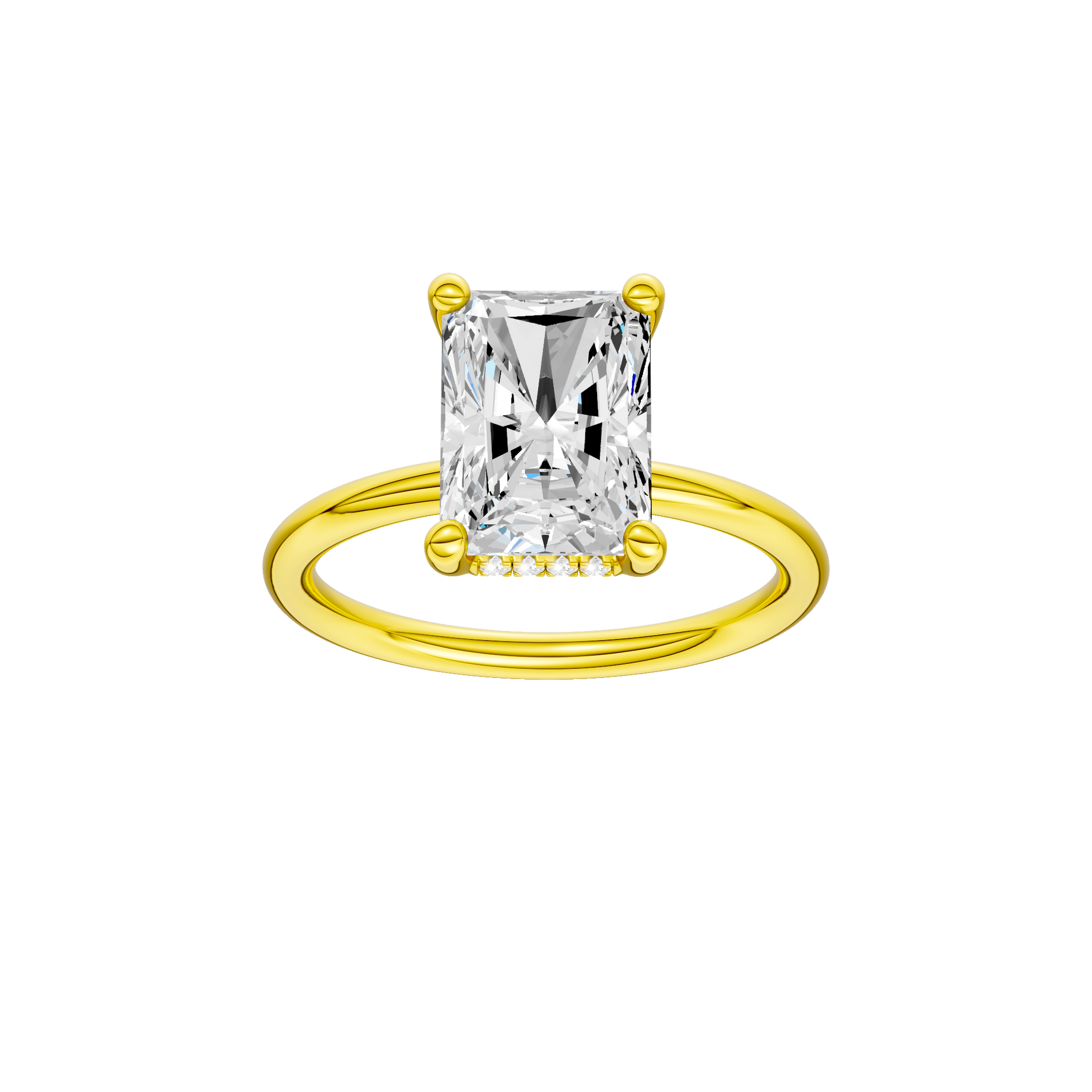Radiant-cut diamond engagement ring with a plain band and hidden-halo setting.
