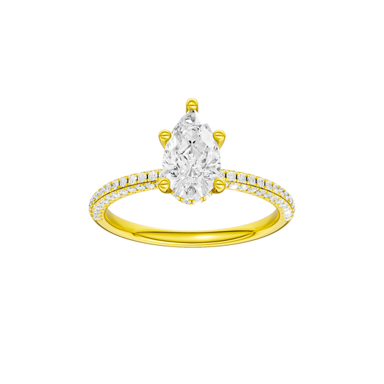 Pear-cut diamond engagement ring with a pavé-set diamond band and hidden-halo setting.