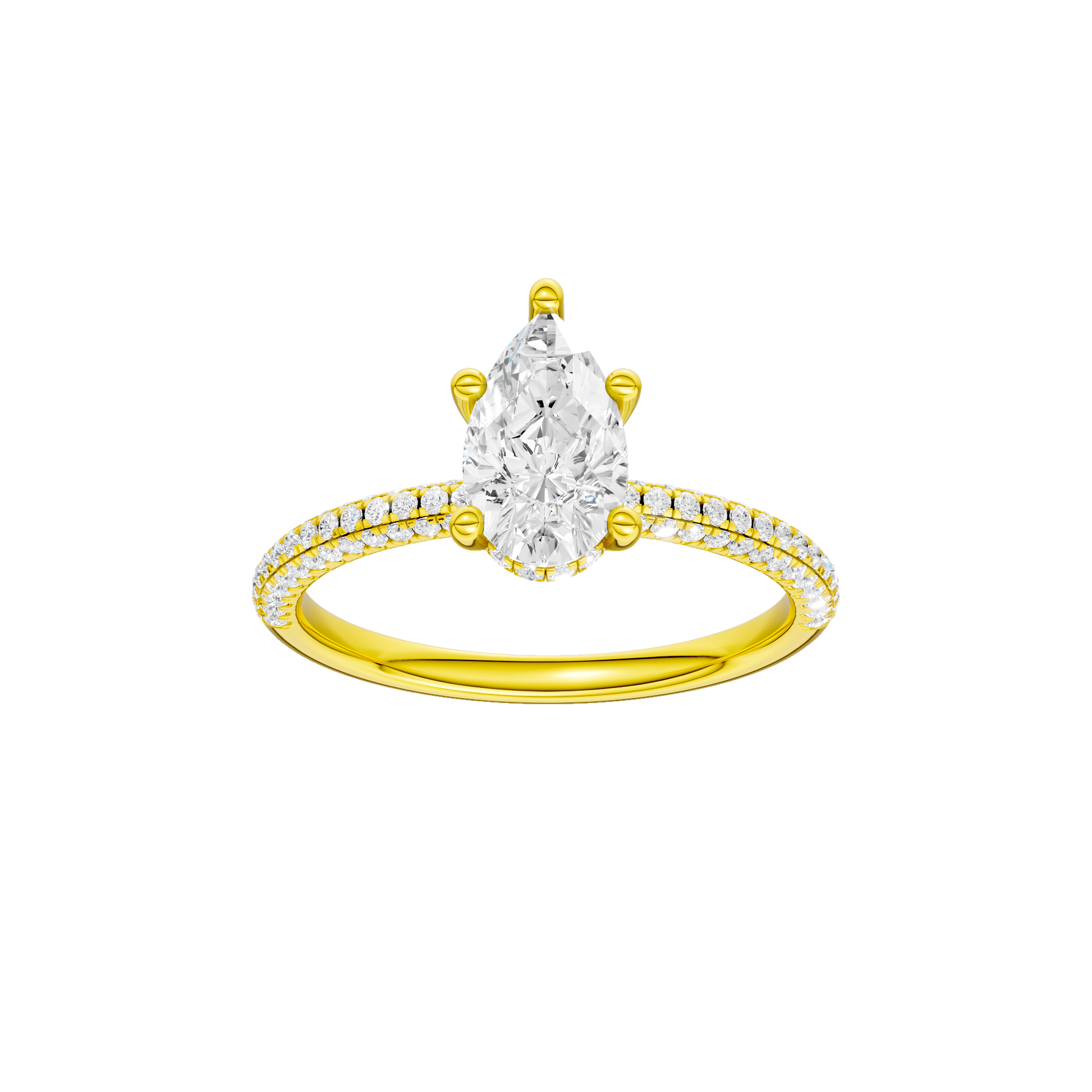 Pear-cut diamond engagement ring with a pavé-set diamond band and hidden-halo setting.