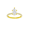 Pear-cut diamond engagement ring with a pavé-set diamond band and hidden-halo setting.