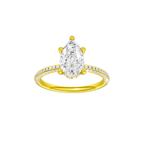 Pear-cut diamond engagement ring with a pavé-set diamond band and hidden-halo setting.