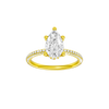 Pear-cut diamond engagement ring with a pavé-set diamond band and hidden-halo setting.