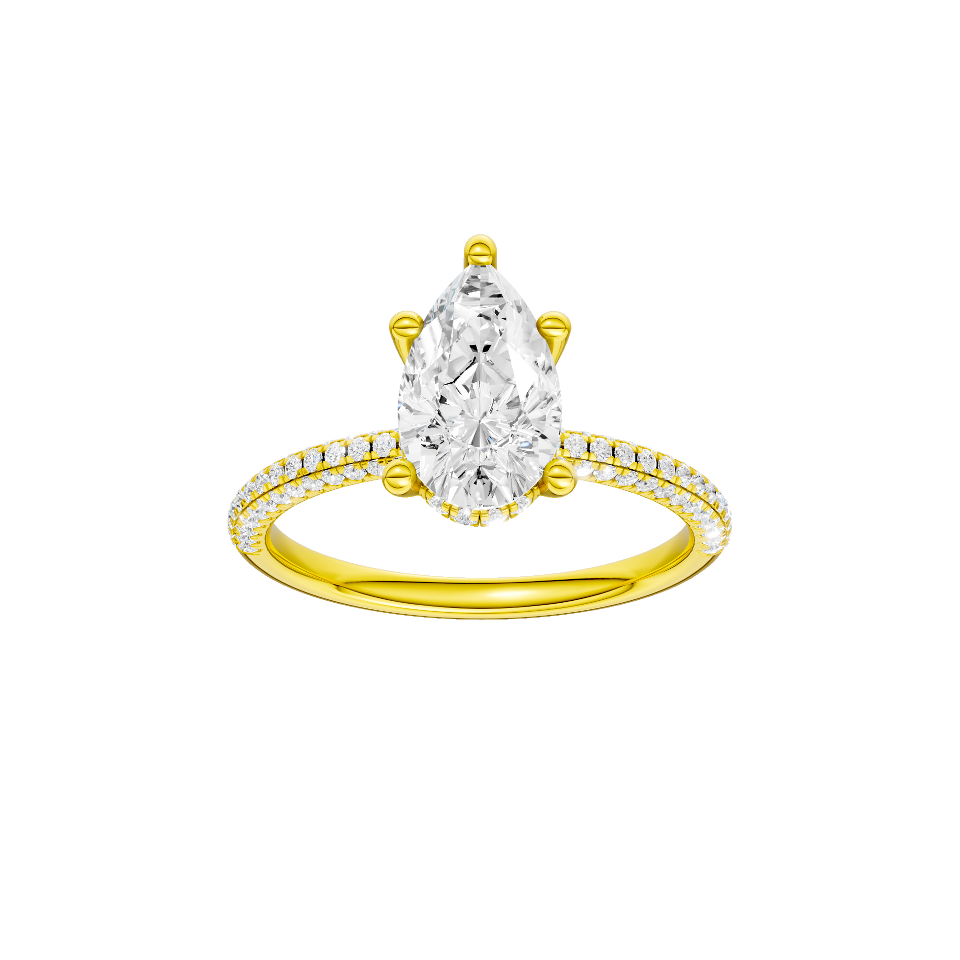 Pear-cut diamond engagement ring with a pavé-set diamond band and hidden-halo setting.