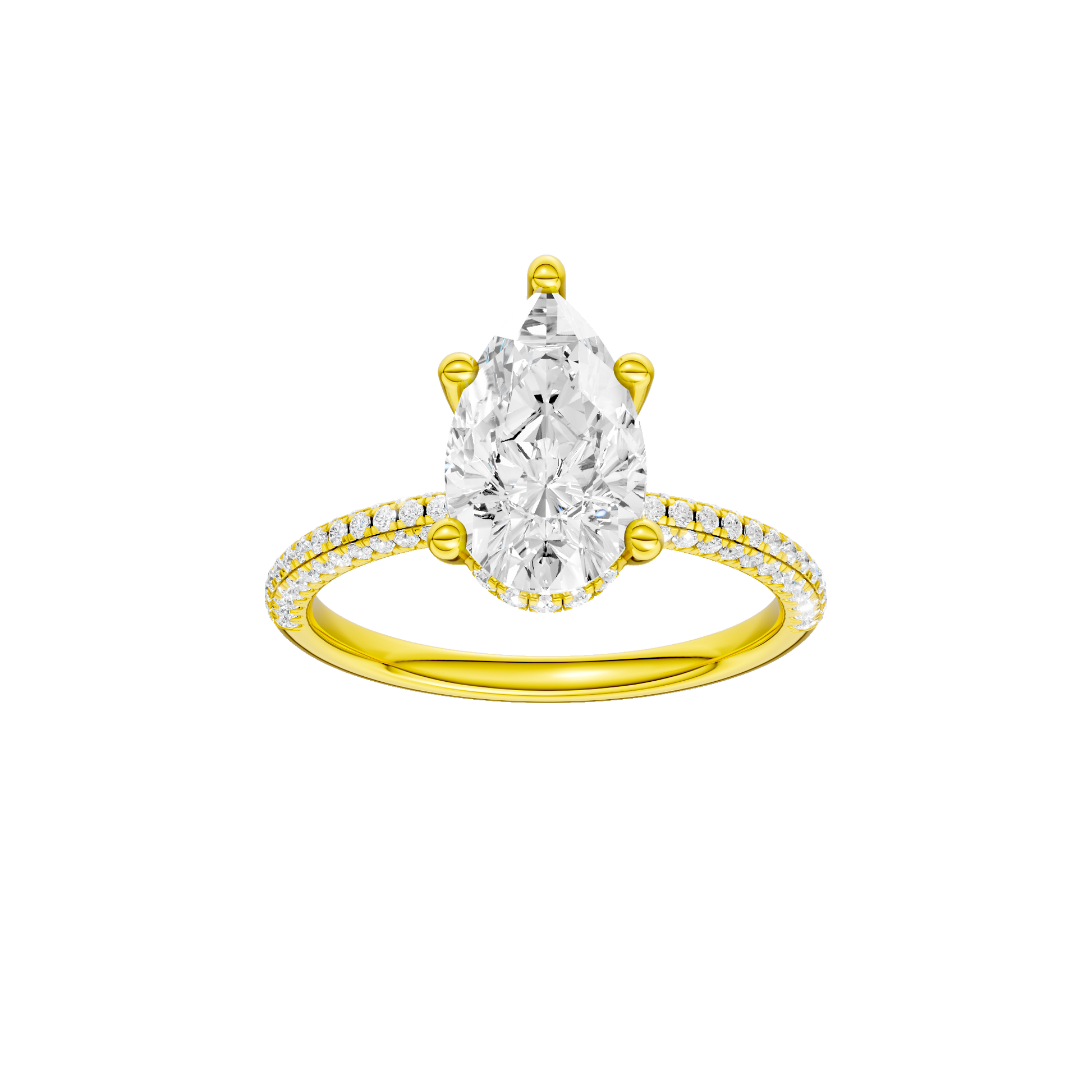 Pear-cut diamond engagement ring with a pavé-set diamond band and hidden-halo setting.