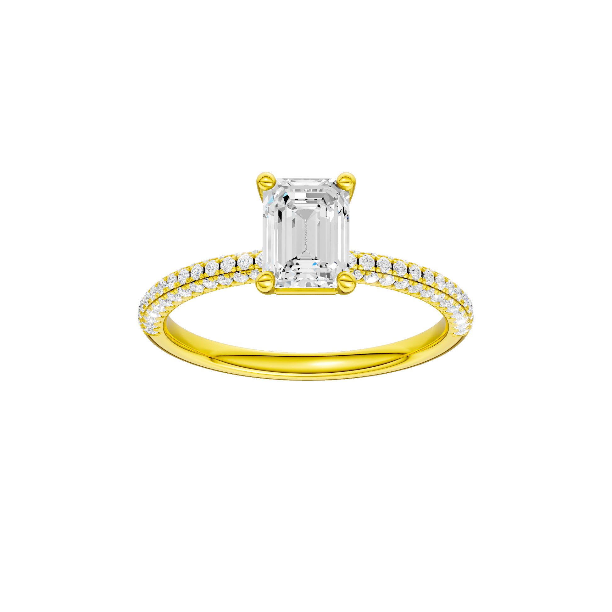 Emerald-cut diamond engagement ring with a pavé-set diamond band and solitaire setting.