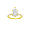 Pear-cut diamond engagement ring with a pavé-set diamond band and hidden-halo setting.