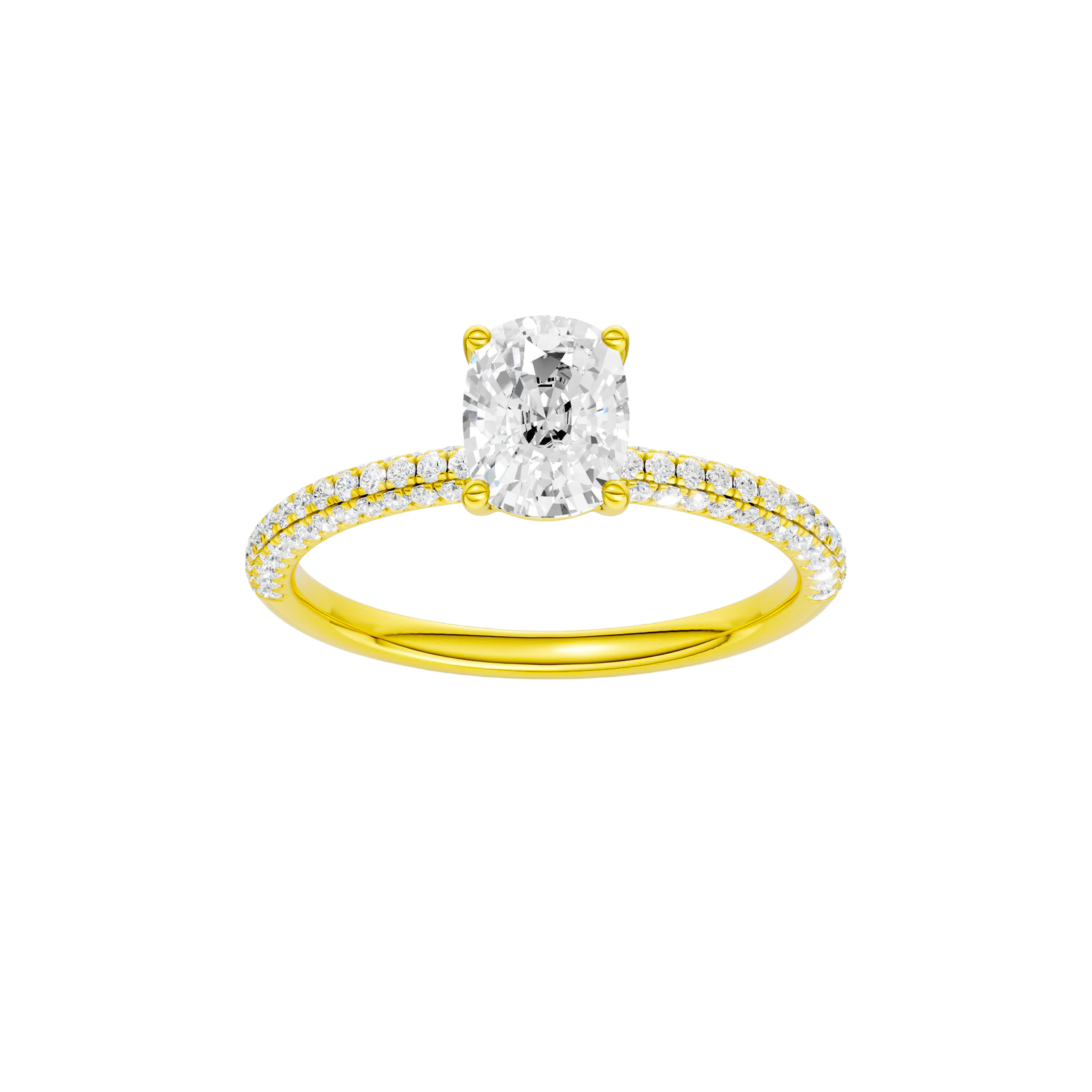 Elongated cushion-cut diamond engagement ring with a pavé-set diamond band and solitaire setting.