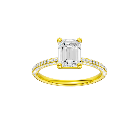 Emerald-cut diamond engagement ring with a pavé-set diamond band and solitaire setting.