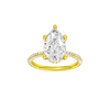 Pear-cut diamond engagement ring with a pavé-set diamond band and hidden-halo setting.