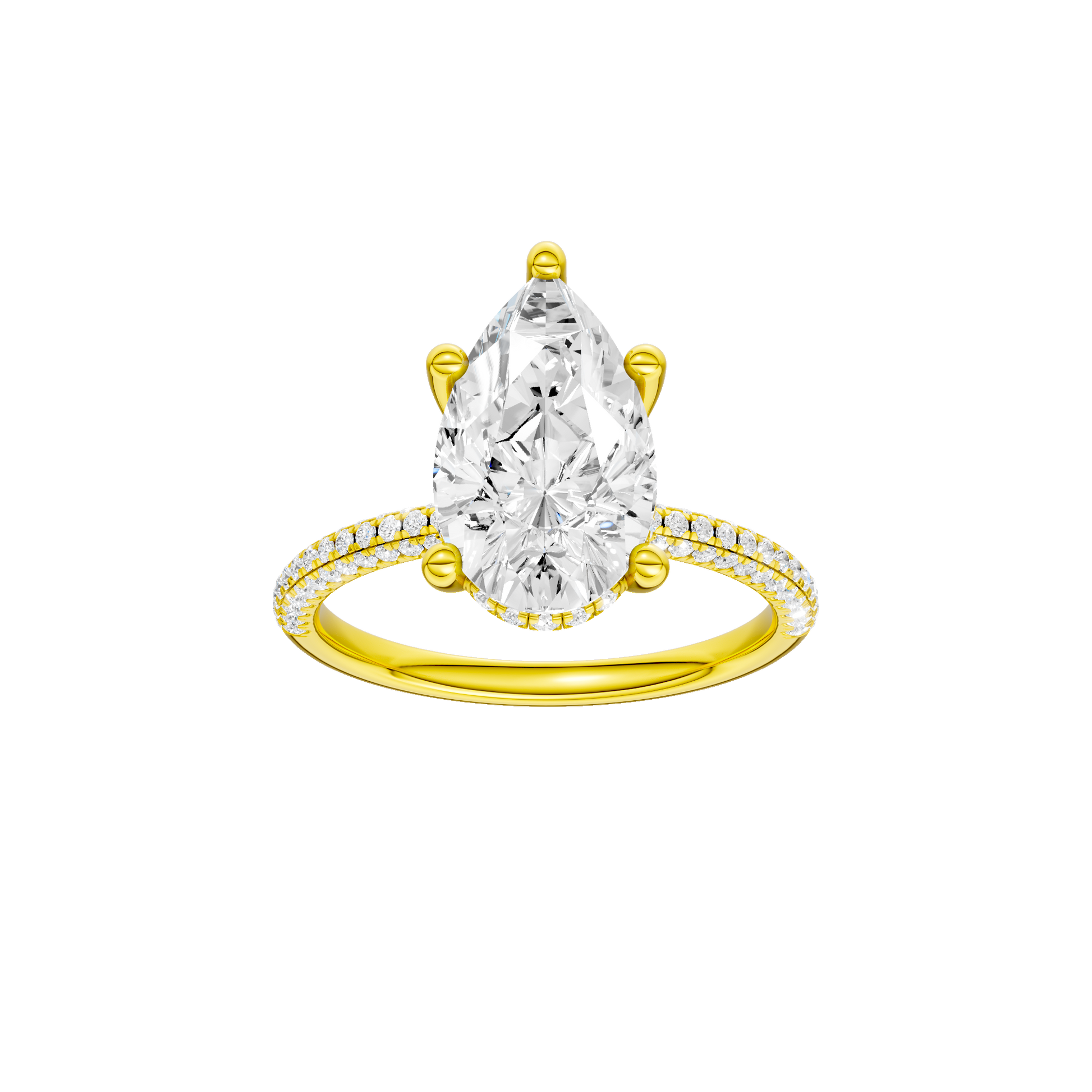 Pear-cut diamond engagement ring with a pavé-set diamond band and hidden-halo setting.