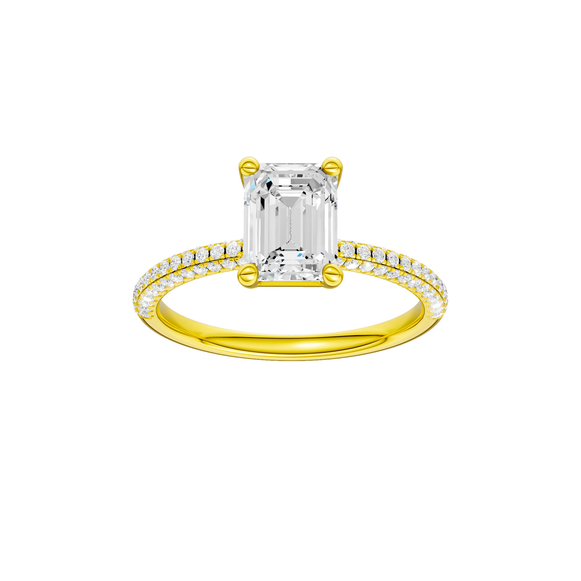 Emerald-cut diamond engagement ring with a pavé-set diamond band and solitaire setting.