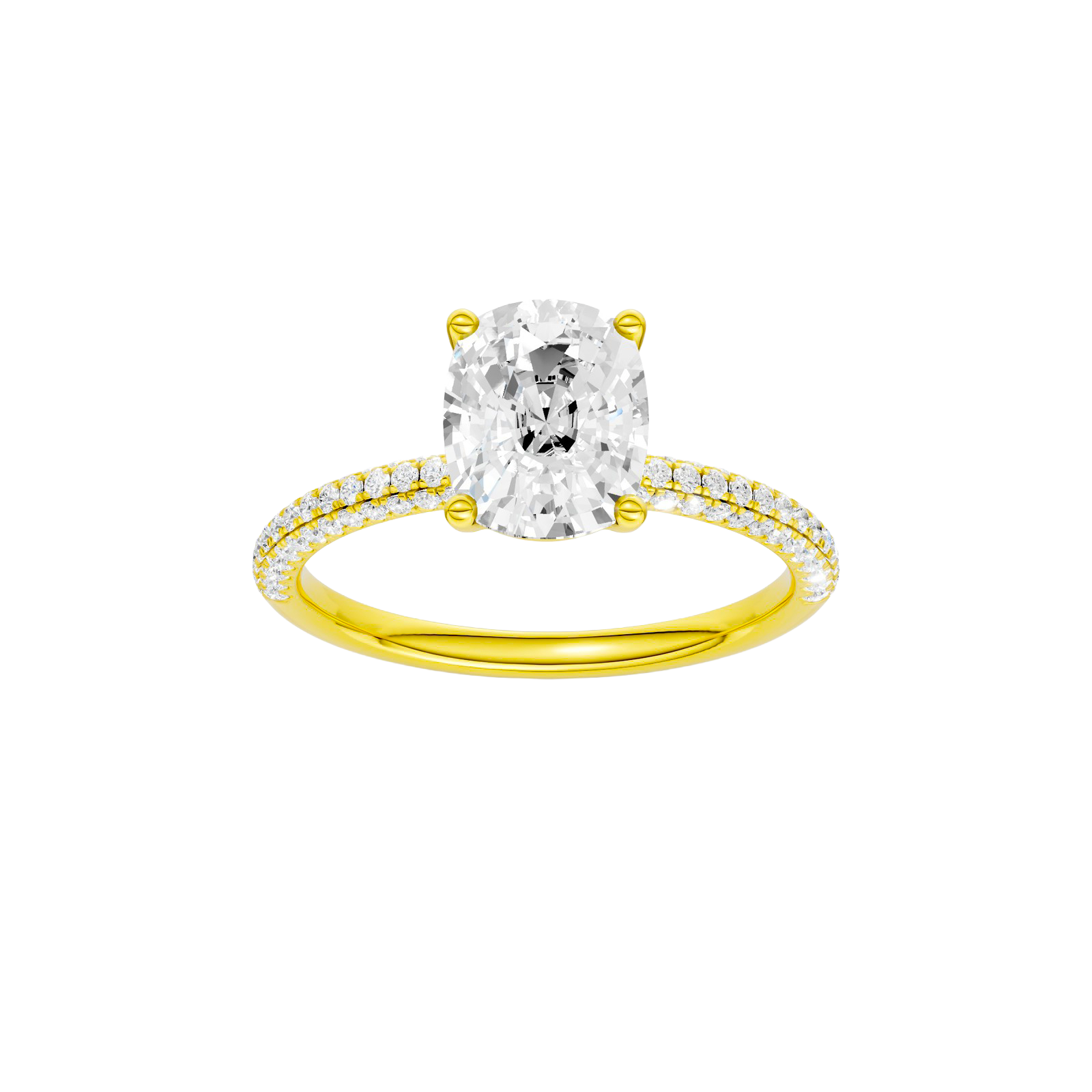 Elongated cushion-cut diamond engagement ring with a pavé-set diamond band and solitaire setting.
