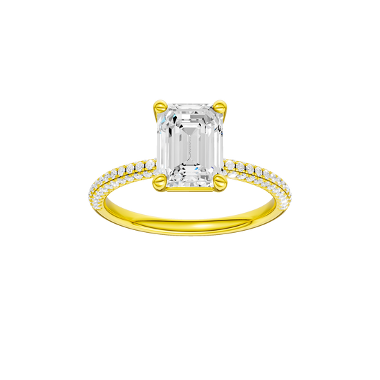 Emerald-cut diamond engagement ring with a pavé-set diamond band and solitaire setting.