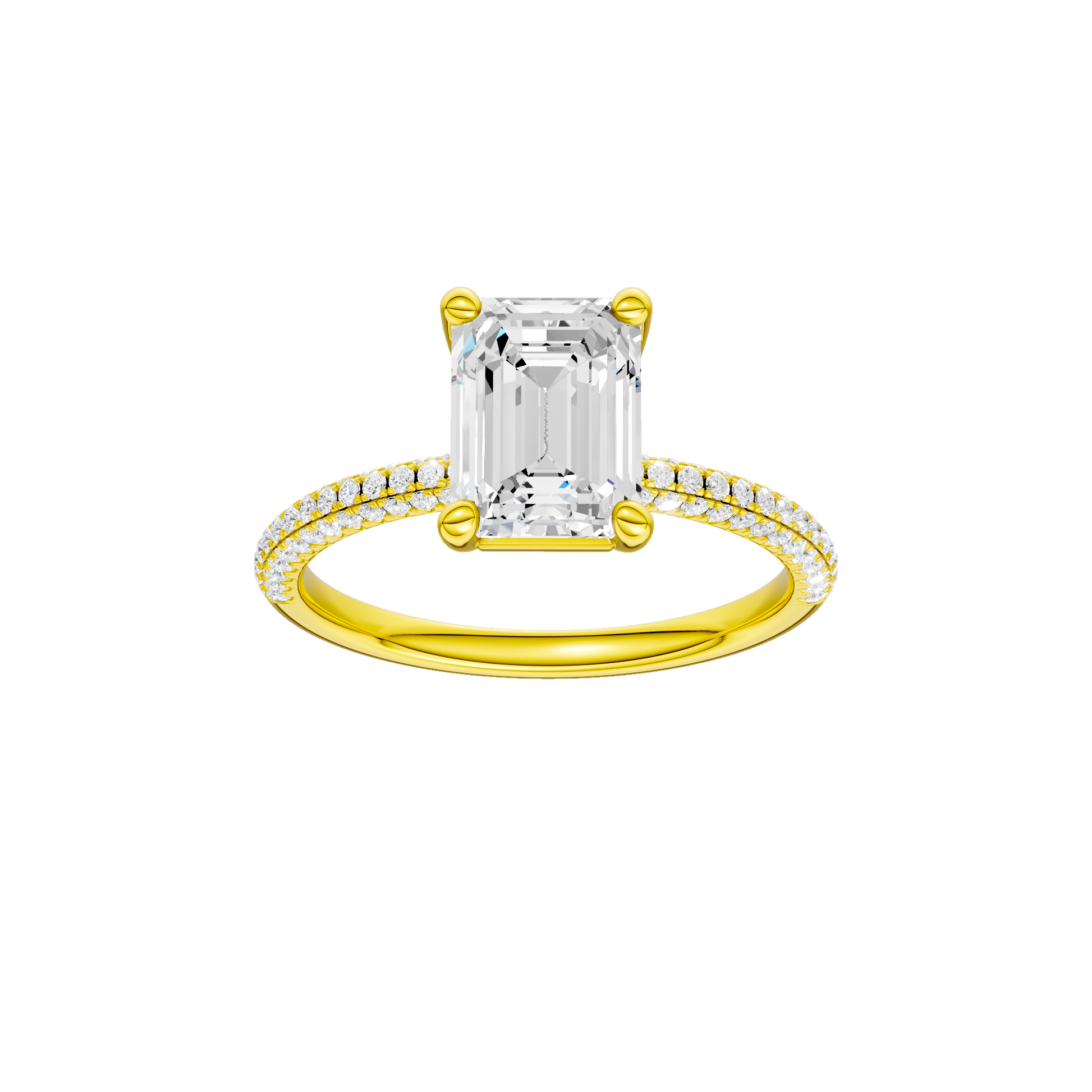 Emerald-cut diamond engagement ring with a pavé-set diamond band and solitaire setting.