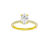 Oval-cut diamond engagement ring with a pavé-set diamond band and hidden-halo setting.