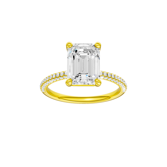 Emerald-cut diamond engagement ring with a pavé-set diamond band and solitaire setting.