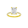 Emerald-cut diamond engagement ring with a pavé-set diamond band and solitaire setting.