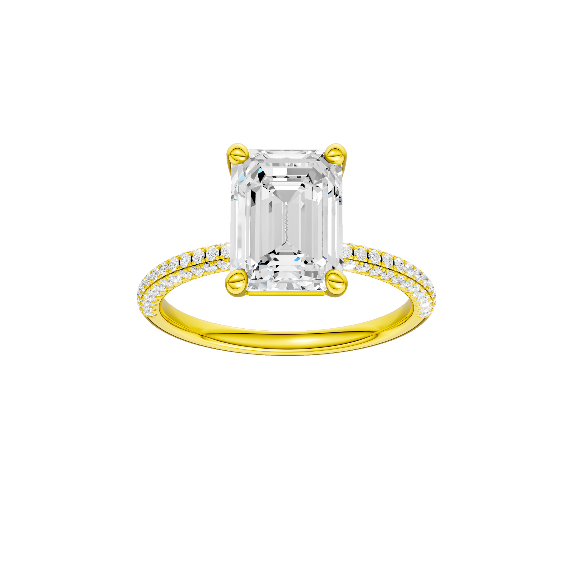 Emerald-cut diamond engagement ring with a pavé-set diamond band and solitaire setting.
