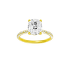 Elongated cushion-cut diamond engagement ring with a pavé-set diamond band and solitaire setting.