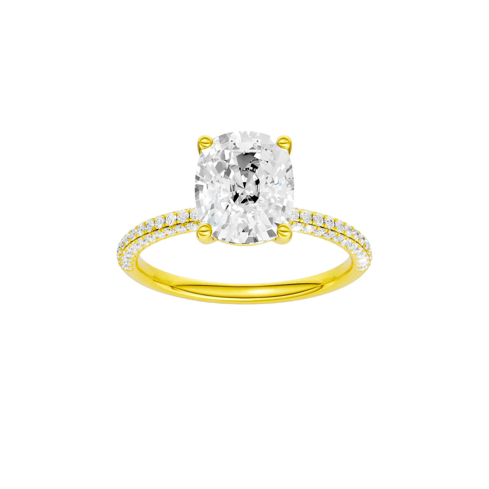 Elongated cushion-cut diamond engagement ring with a pavé-set diamond band and solitaire setting.