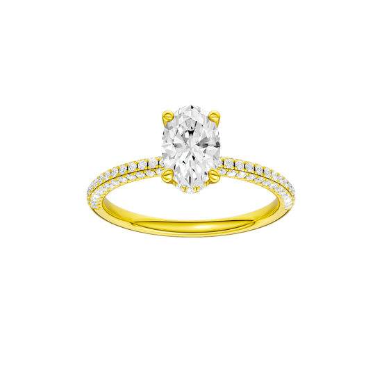 Oval-cut diamond engagement ring with a pavé-set diamond band and hidden-halo setting.