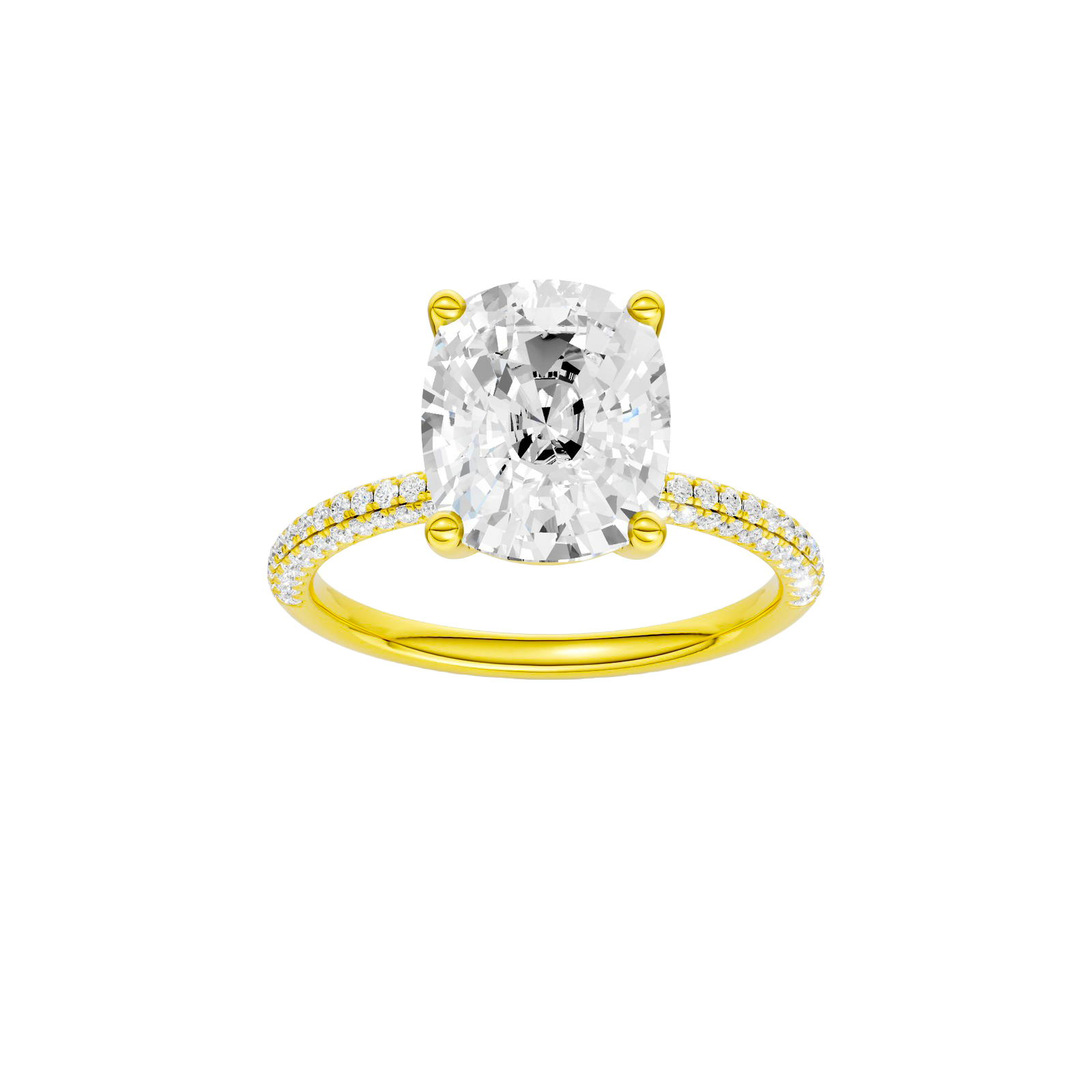 Elongated cushion-cut diamond engagement ring with a pavé-set diamond band and solitaire setting.