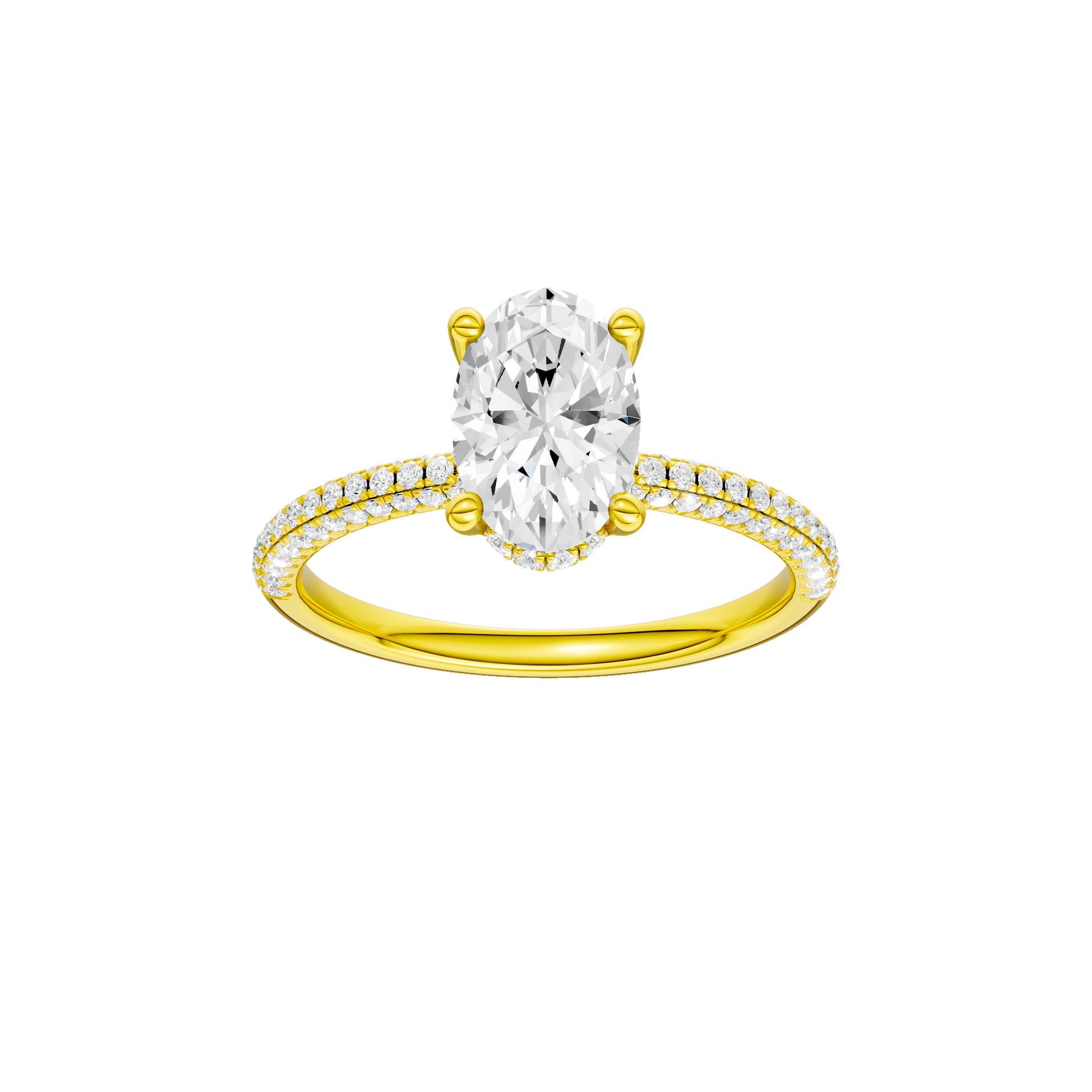 Oval-cut diamond engagement ring with a pavé-set diamond band and hidden-halo setting.