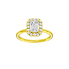 Emerald-cut diamond engagement ring with a plain band and halo setting.