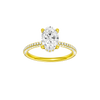 Oval-cut diamond engagement ring with a pavé-set diamond band and hidden-halo setting.