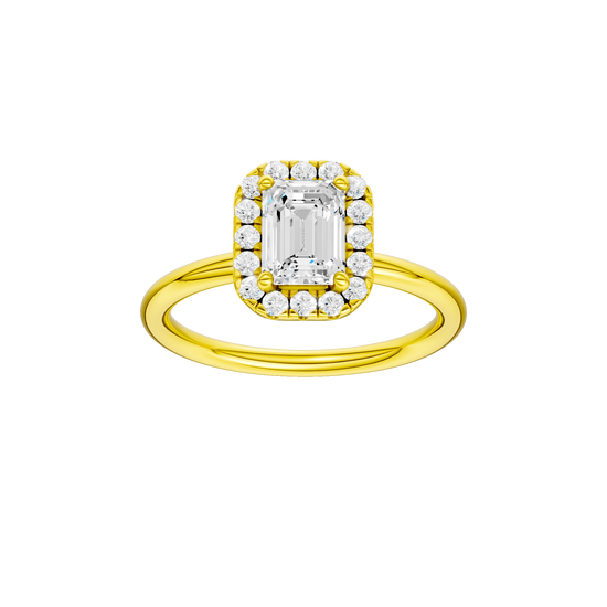 Emerald-cut diamond engagement ring with a plain band and halo setting.