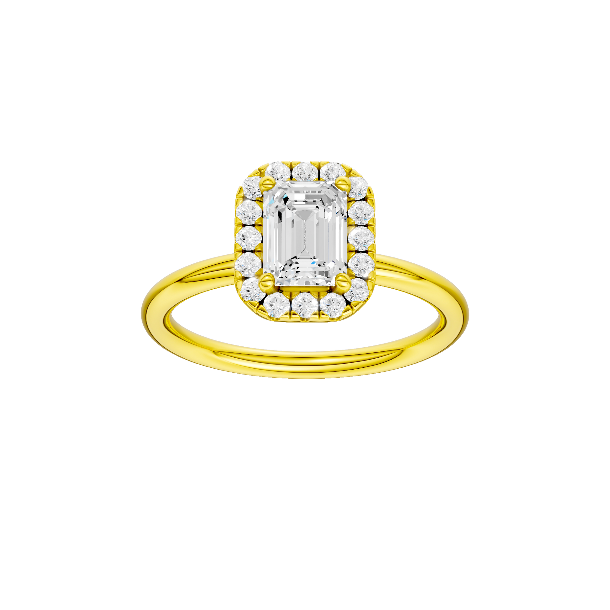 Emerald-cut diamond engagement ring with a plain band and halo setting.