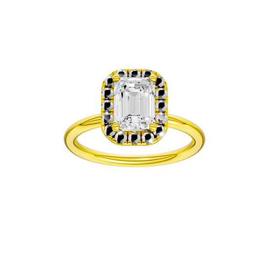 Emerald-cut diamond engagement ring with a plain band and halo setting.