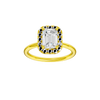 Emerald-cut diamond engagement ring with a plain band and halo setting.