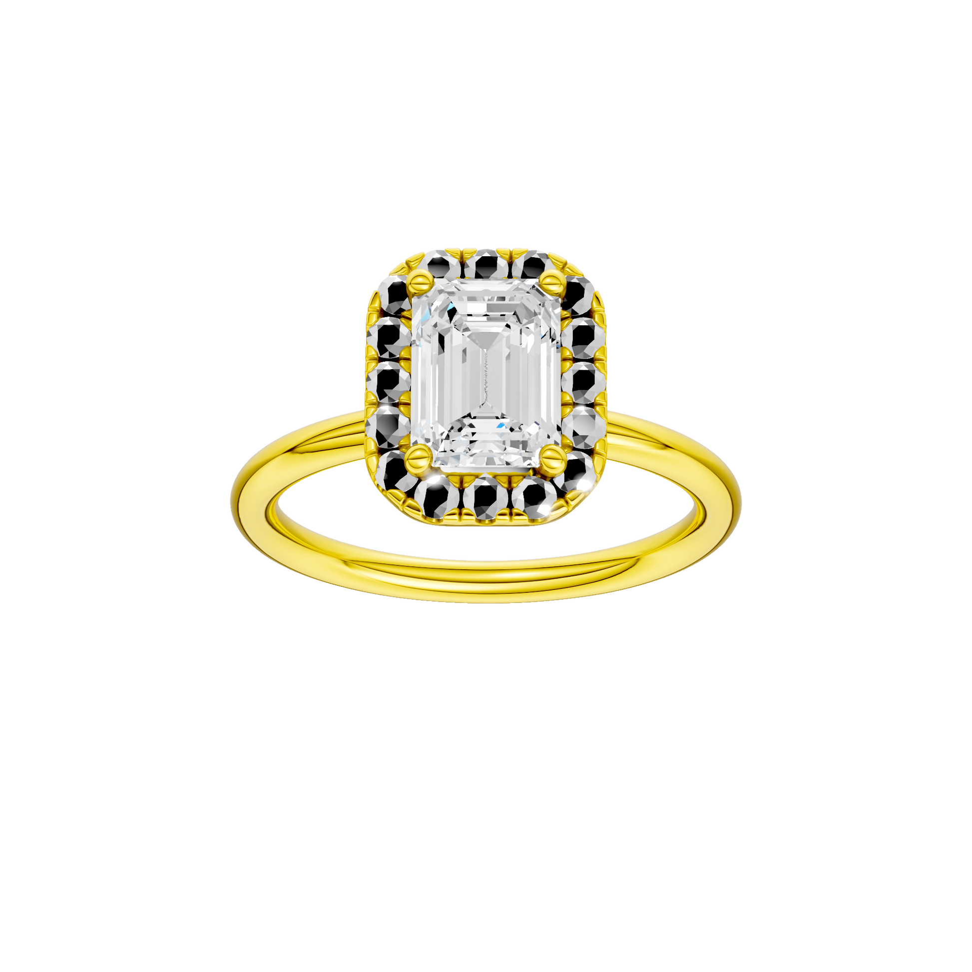 Emerald-cut diamond engagement ring with a plain band and halo setting.