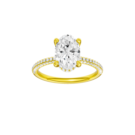 Oval-cut diamond engagement ring with a pavé-set diamond band and hidden-halo setting.