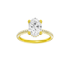 Oval-cut diamond engagement ring with a pavé-set diamond band and hidden-halo setting.