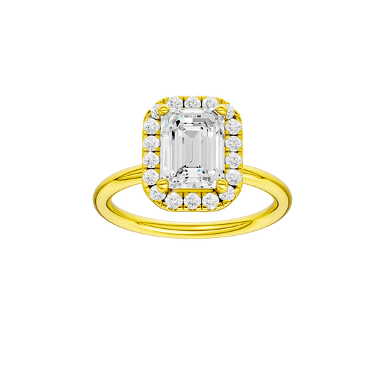Emerald-cut diamond engagement ring with a plain band and halo setting.