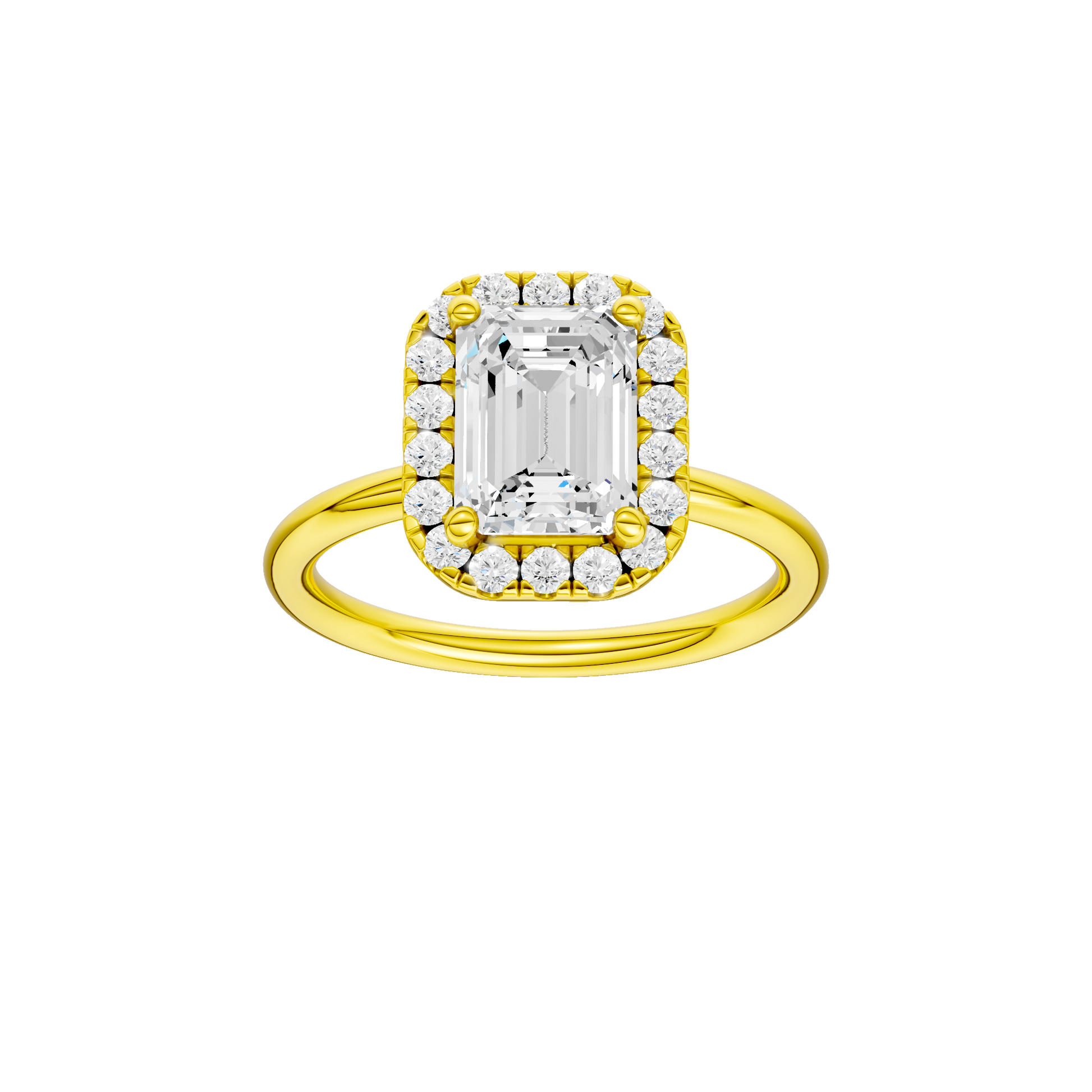 Emerald-cut diamond engagement ring with a plain band and halo setting.