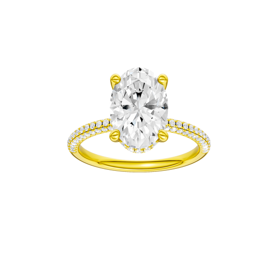 Oval-cut diamond engagement ring with a pavé-set diamond band and hidden-halo setting.