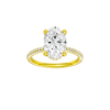Oval-cut diamond engagement ring with a pavé-set diamond band and hidden-halo setting.