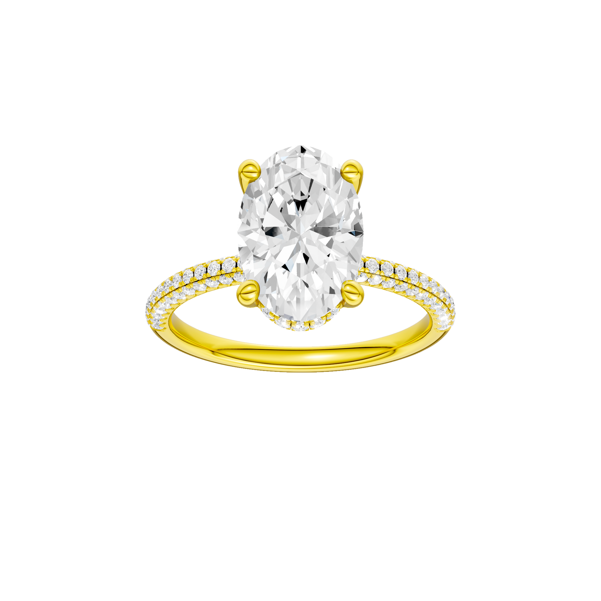 Oval-cut diamond engagement ring with a pavé-set diamond band and hidden-halo setting.