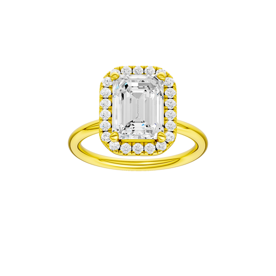 Emerald-cut diamond engagement ring with a plain band and halo setting.