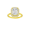 Emerald-cut diamond engagement ring with a plain band and halo setting.
