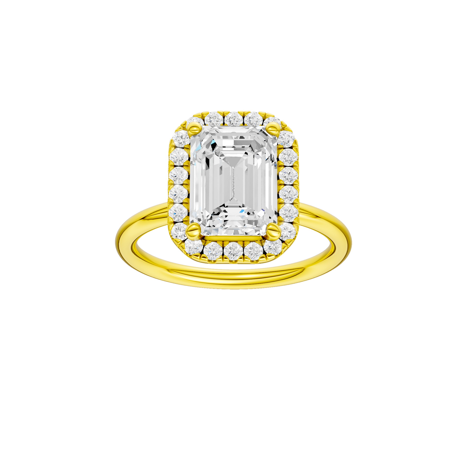Emerald-cut diamond engagement ring with a plain band and halo setting.