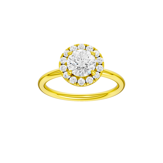 Round-cut diamond engagement ring with a plain band and halo setting.