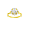 Round-cut diamond engagement ring with a plain band and halo setting.
