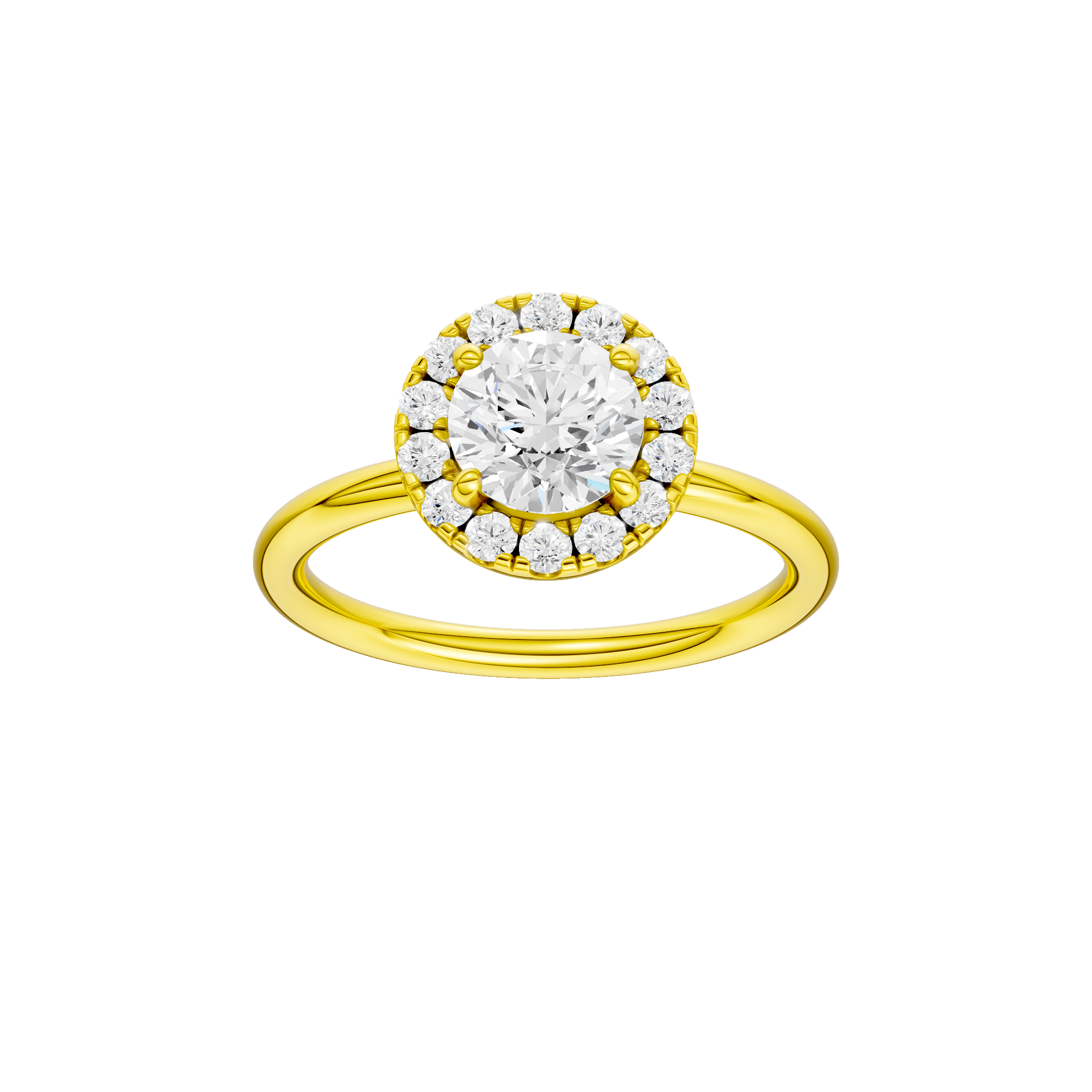Round-cut diamond engagement ring with a plain band and halo setting.