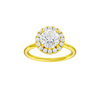 Round-cut diamond engagement ring with a plain band and halo setting.